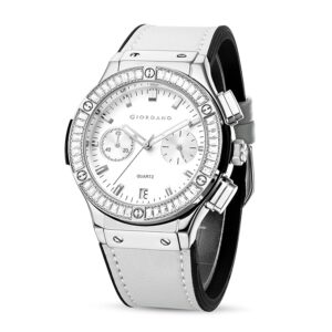 Giordano Analog Watch for Women – Round Dial, Leather Strap, Crystal-Studded Bezel with Quartz Movement